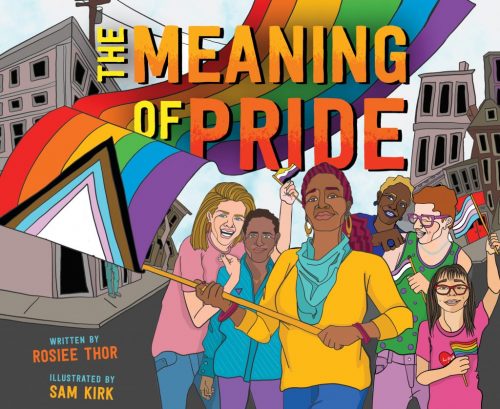 City building background and Black person waving the Progress Pride flag with people of varying racial identities behind them.