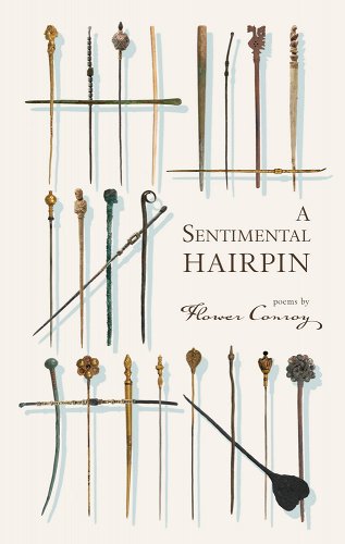 Cover of "A Sentimental Hairpin" by Flower Conroy. Brown text on a cream background surrounded by many thin hairpins.
