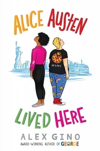 Two non-binary young people, one with dark curly hair and dark skin tones and the other with light skin tone and blond hair. They are back to back looking up with the NYC skyline in the background
