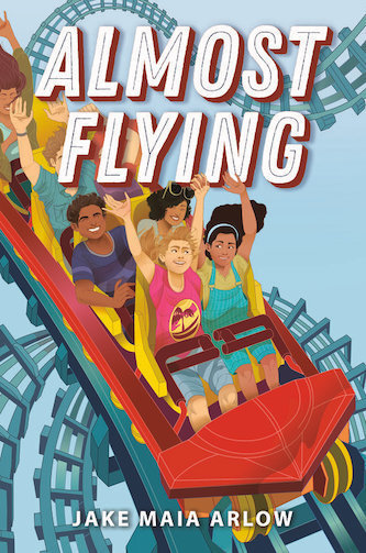 Light blue background and people representing various racial identities with their hands in the air on a rollercoaster.