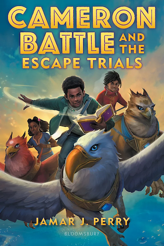 Three young teens with dark skin tone and dark hair riding on the backs of huge birds. The kid in the middle is holding a book.