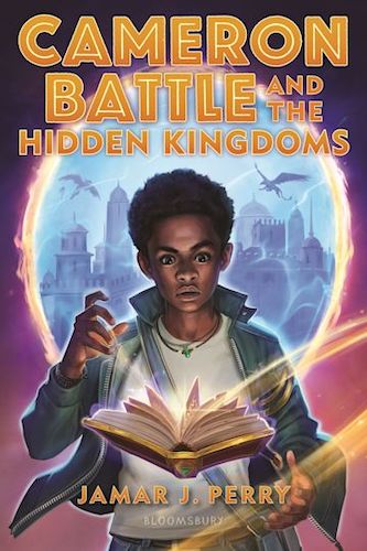 Boy with dark skin tone and short dark hair wearing a greenish blue jacket and white tshirt. He has a frightened look on his face. There is a book levitating in front of him with a kingdom behind him and birdlike creatures flying within a ring of fire.