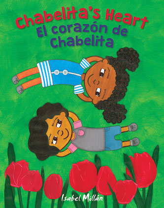 Two little kids, one with medium skin tone and short dark wavy hair wearing a pink and gray tshirt and blue shorts on their back lying on a green background, the other has dark skin tone and has curly dark hair with two puffy pigtails wearing a blue and white striped dress with two big white buttons. There are red tulips along the foreground on the bottom of the cover.