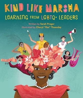 Illustration of a trans woman with dark skin tone wearing a sleeveless red/pink dress, pearl choker and earrings. In place of hair, she has pink and red flowers and 5 different gendered people arising from the flowers holding different thinks like a paintbrush and palette, a megaphone,  a musical instrument.