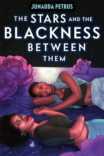 two young black women on lying on her side in background, looking at other who is lying on her back with a dark background with large purple lotus flowers behind