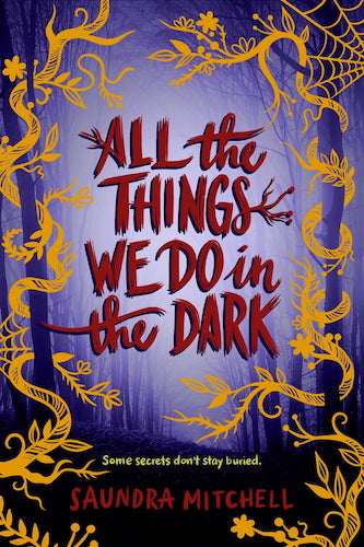 Title in scrawly red letters surrounded by purple trees with orange gold vines and spider webs on purple background