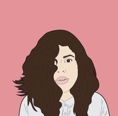 Illustration of medium skin tone and long full dark hair and off white shirt and pink background