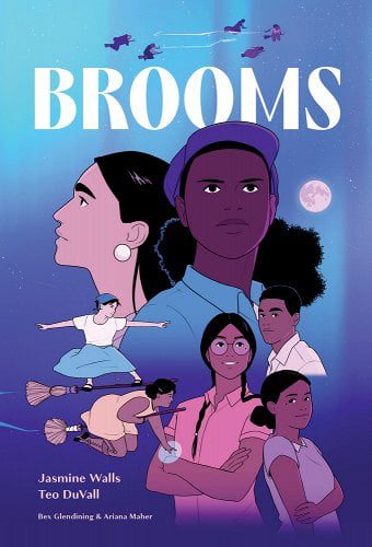 Blue and purple nigh sky with a moon and silhouettes of people flying on broomsticks. Centered are illustrated portraits of femmes of color.