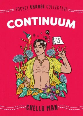 Crimson background with illustration of Chella Man, an Asian person, wearing an open yellow and green button up shirt and making the I Love You sign in ASL.